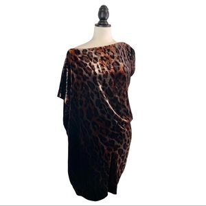 DVF Leopard Print Dress Wilma Joon Brown Velvet One Shoulder, Size 4
